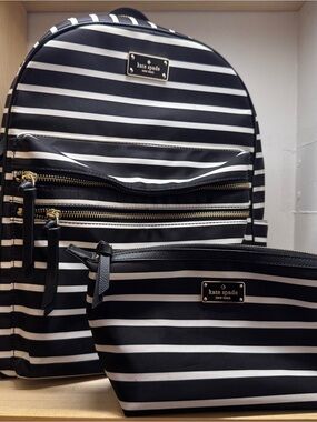 Kate Spade Black and White Striped Large Backpack with Matching Cosmetic Bag Set